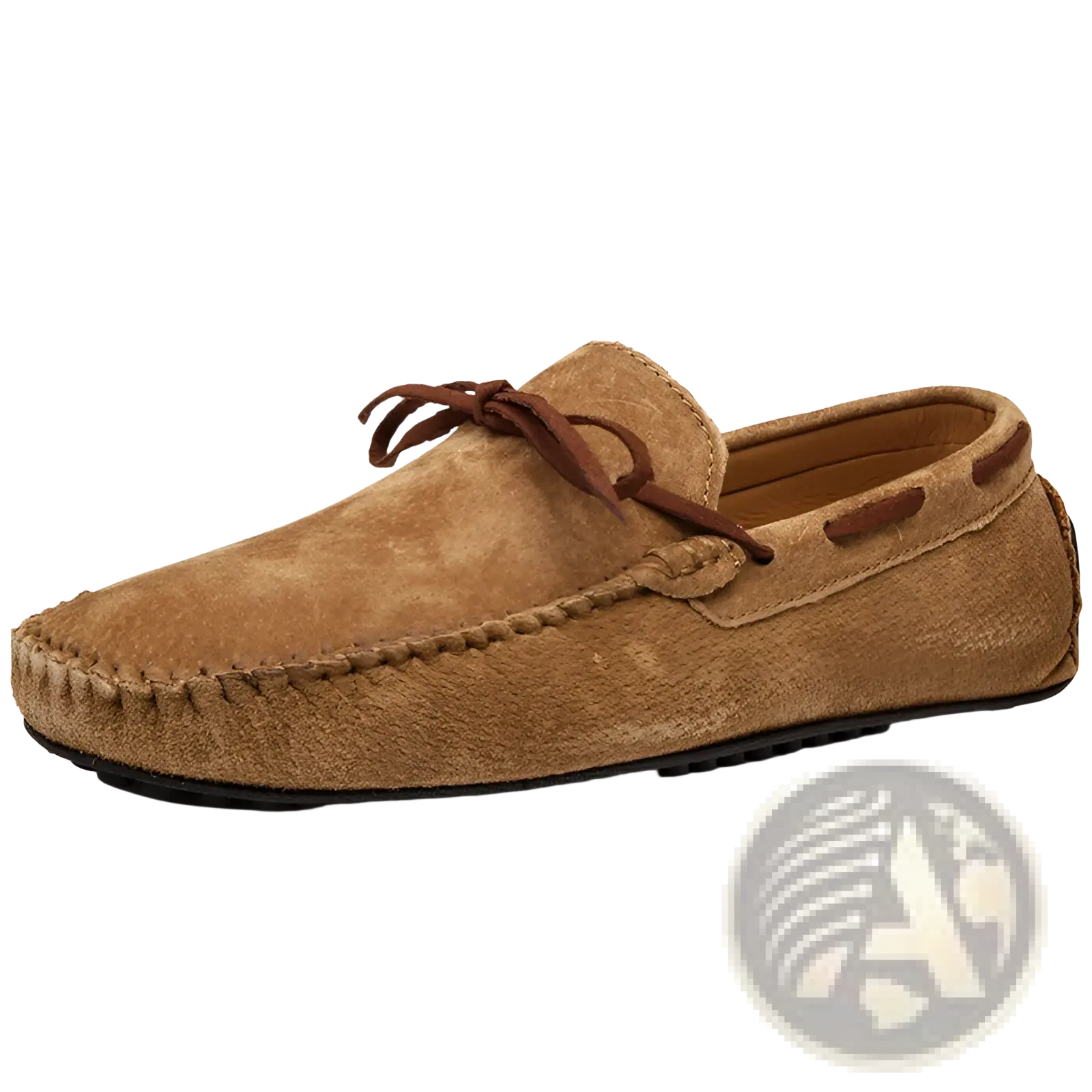 Men’s suede leather moccasin casual bean shoe in tan with brown laces and black rubber sole viewed from side