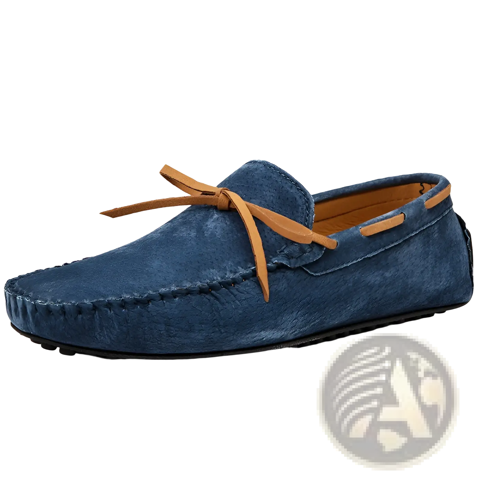 Men’s suede leather moccasin casual bean shoe in blue with tan leather bow and stitching details