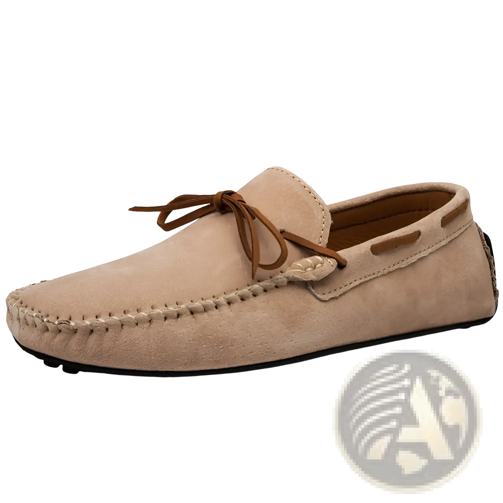 Men’s beige suede leather moccasin loafer with brown leather laces and black rubber sole for casual wear