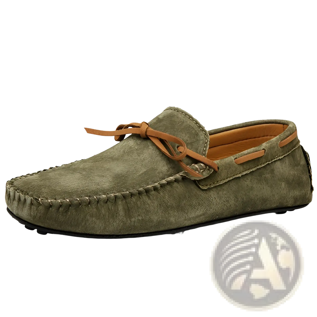 Men’s olive green suede leather moccasin with tan leather laces and lining casual bean shoes front view