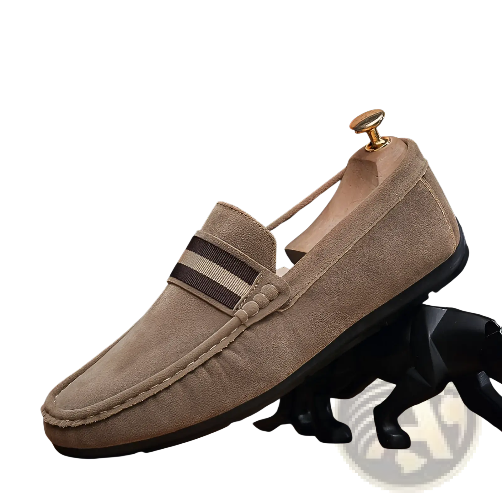 Men’s tan suede loafers with brown and beige striped strap featuring metal buckle and rubber sole