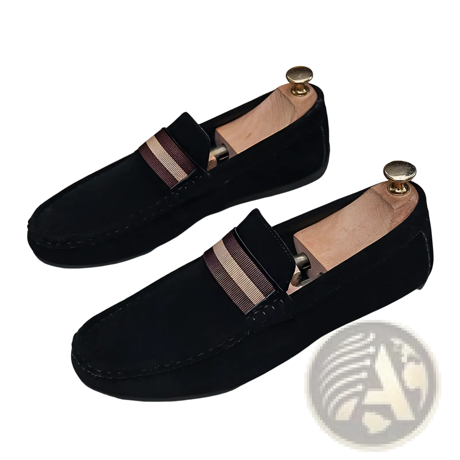 Men’s black suede loafers with brown and beige striped leather strap, metal buckle, and rubber sole