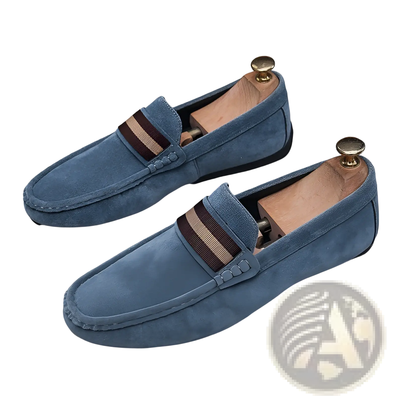 Men’s blue suede loafers with a brown and beige striped strap, metal buckle, and durable rubber sole