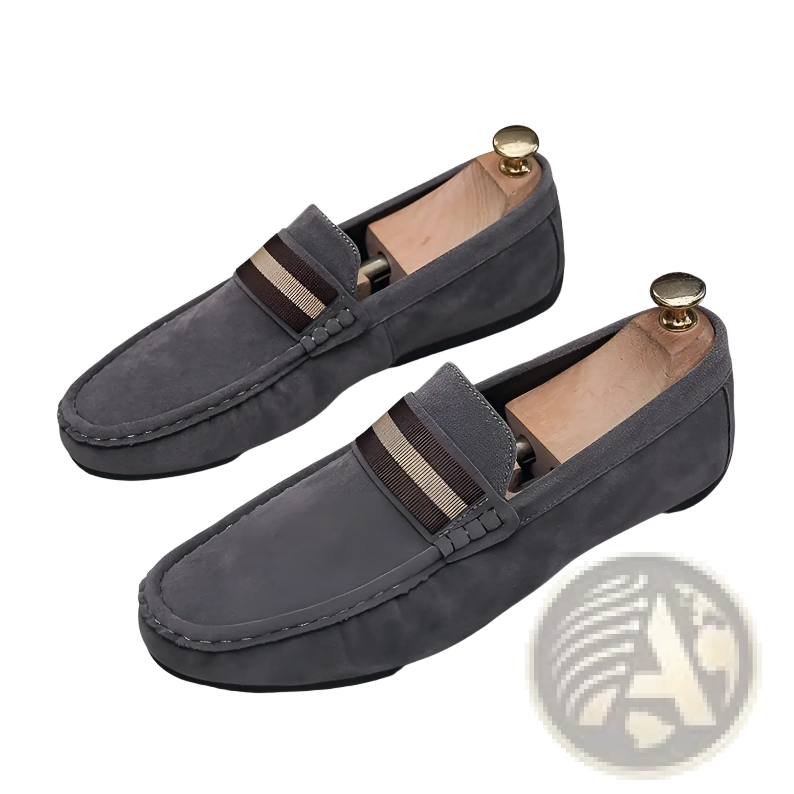 Men’s gray suede loafers with brown and beige striped strap metal buckle and rubber sole for casual wear