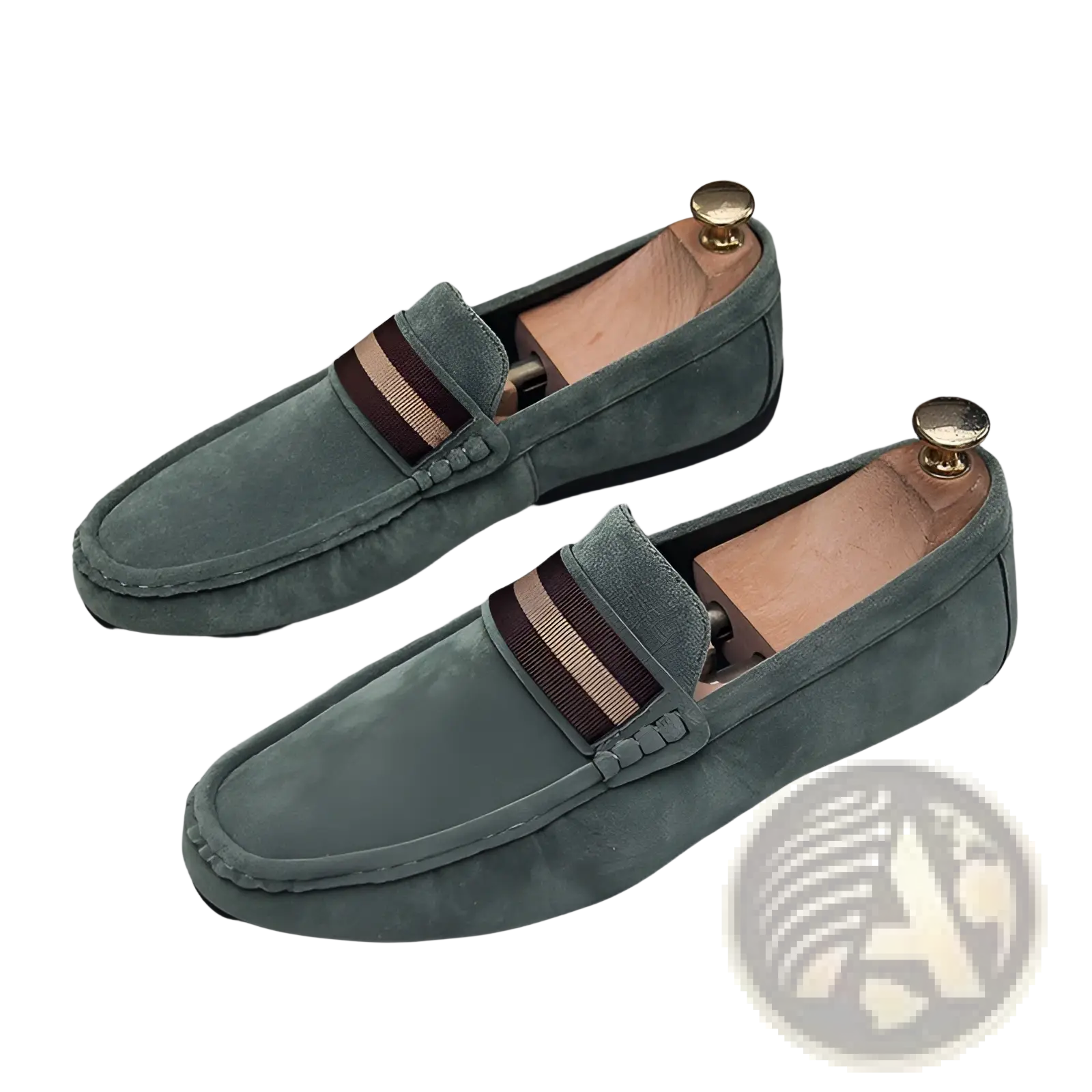 Men’s mint green suede loafers with brown and beige striped strap metal buckle and rubber sole design