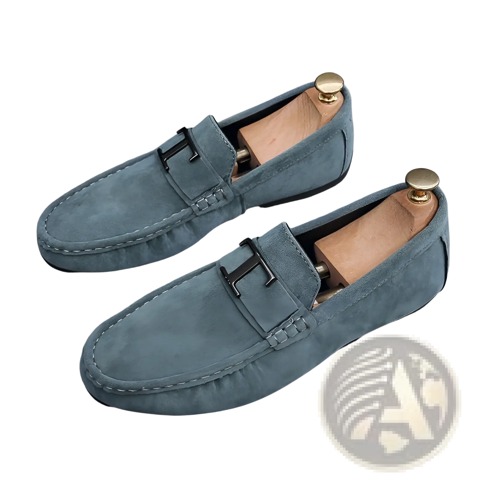 Men’s teal suede loafers with black metal h shaped buckle white stitching and durable rubber sole for comfort