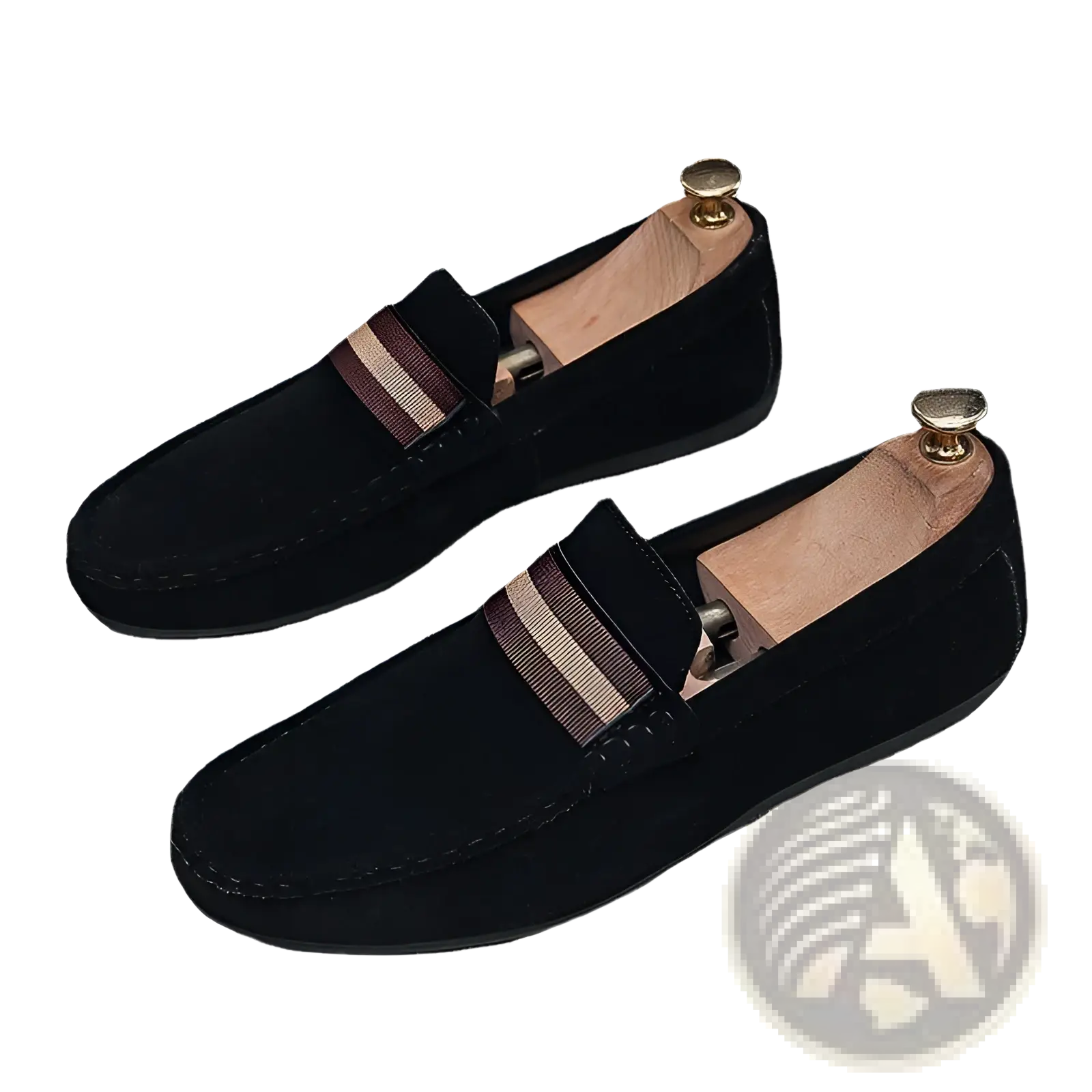 Men’s black suede loafers with metal buckle rubber sole and striped fabric accent across the vamp