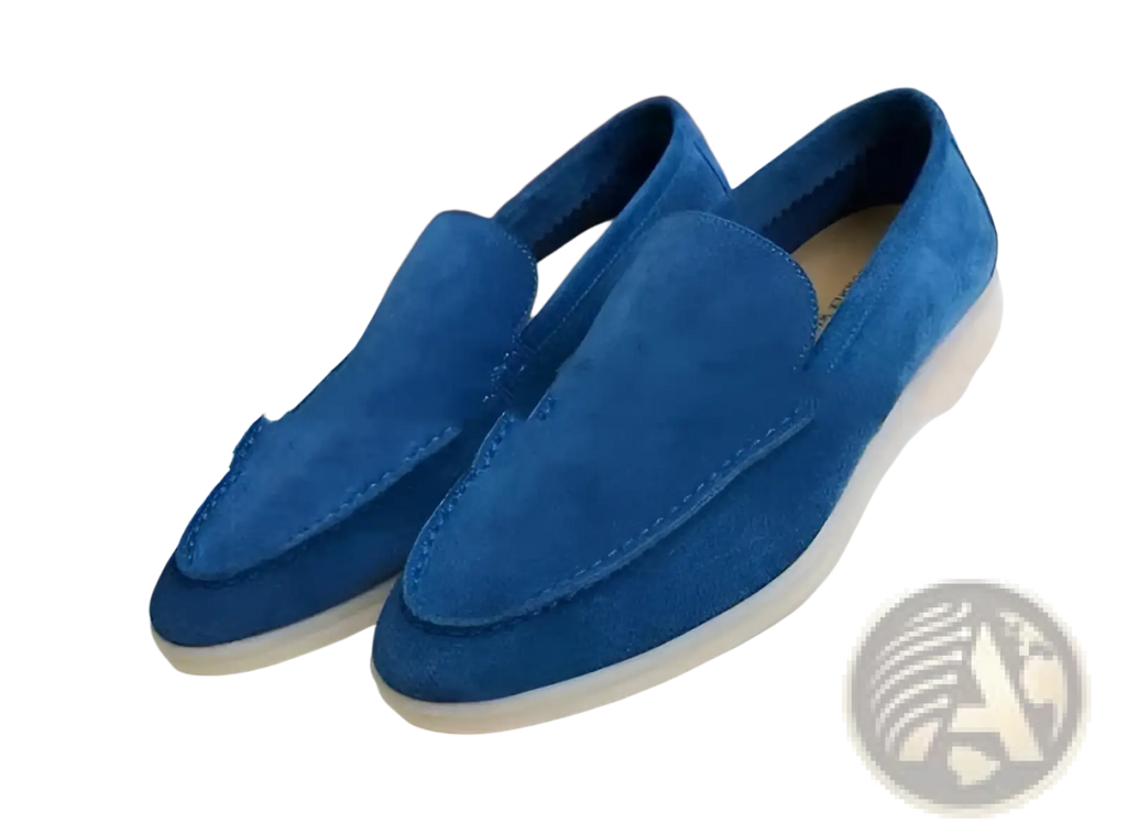 Men’s blue suede loafers with white rubber sole casual shoes shown from the back side