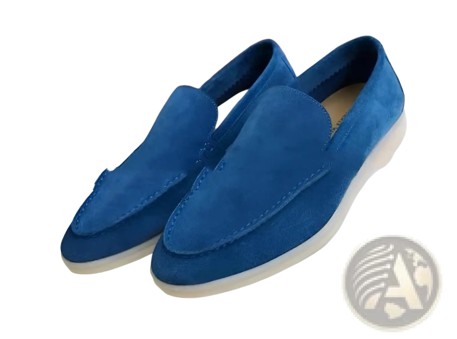 Men’s blue suede loafers with white rubber sole casual shoes shown from the back side
