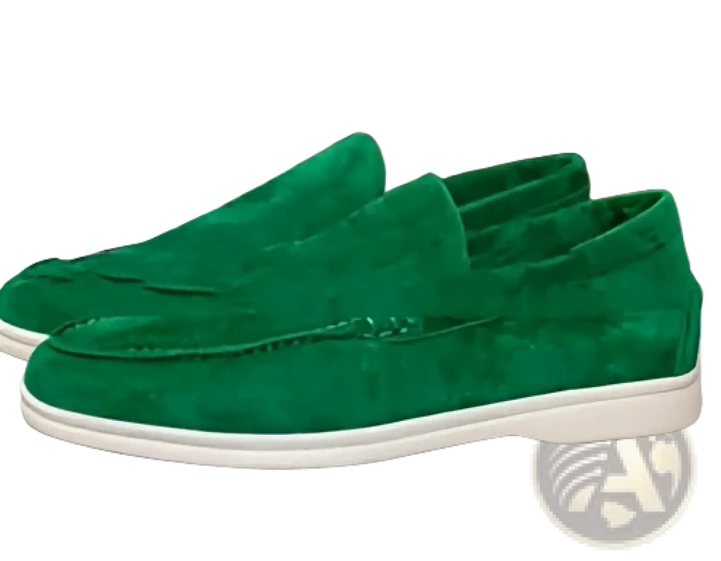 Men’s emerald green suede loafers with white rubber sole casual shoes for comfortable everyday wear