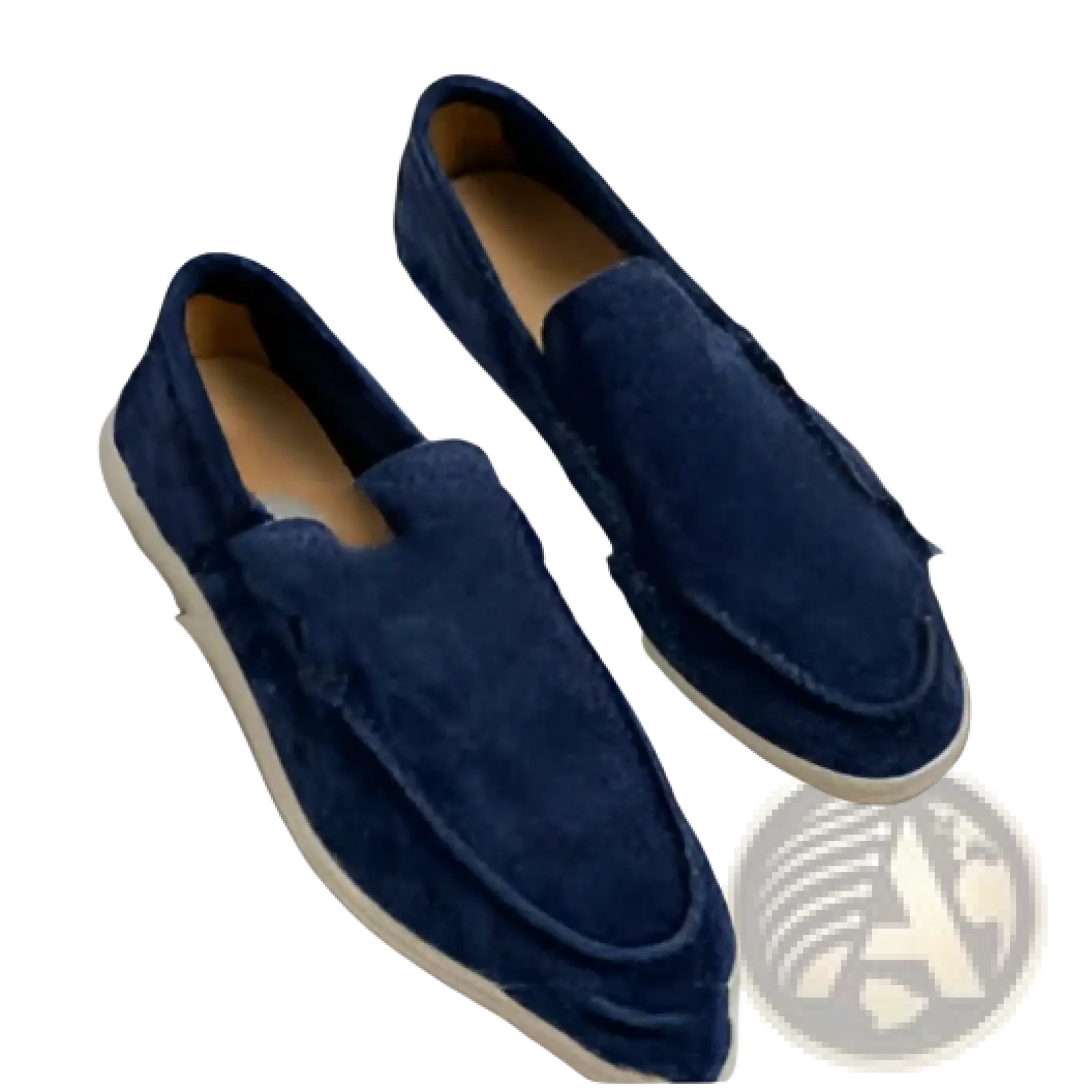 Navy blue suede men’s slip-on loafers with white rubber soles for casual wear visible from the back side
