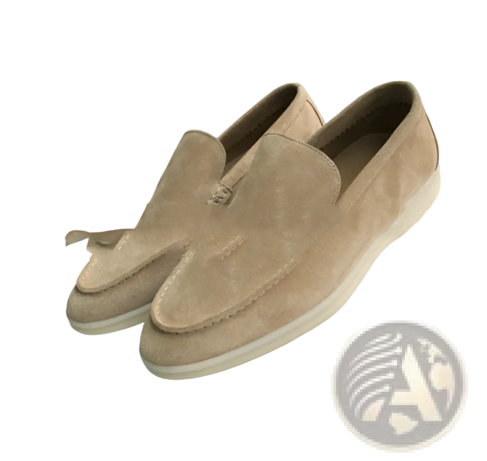 Beige men’s suede slip-on loafers with soft textured finish and contrasting white rubber sole for casual wear