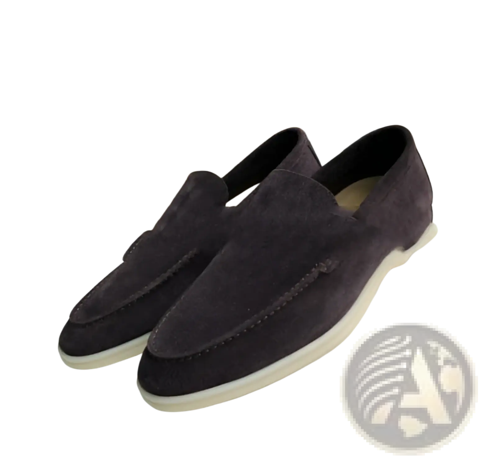 Men’s dark purple suede loafers with white rubber sole casual shoes shown from the back side