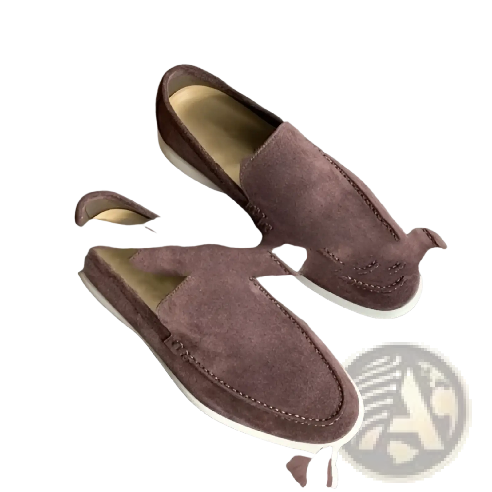 Men’s suede loafers in brown with white rubber soles and stitched detailing for casual wear
