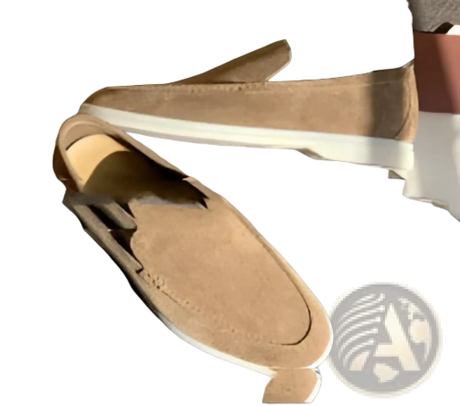 Men’s tan suede loafers with white rubber sole and contrasting tan stitching casual shoes
