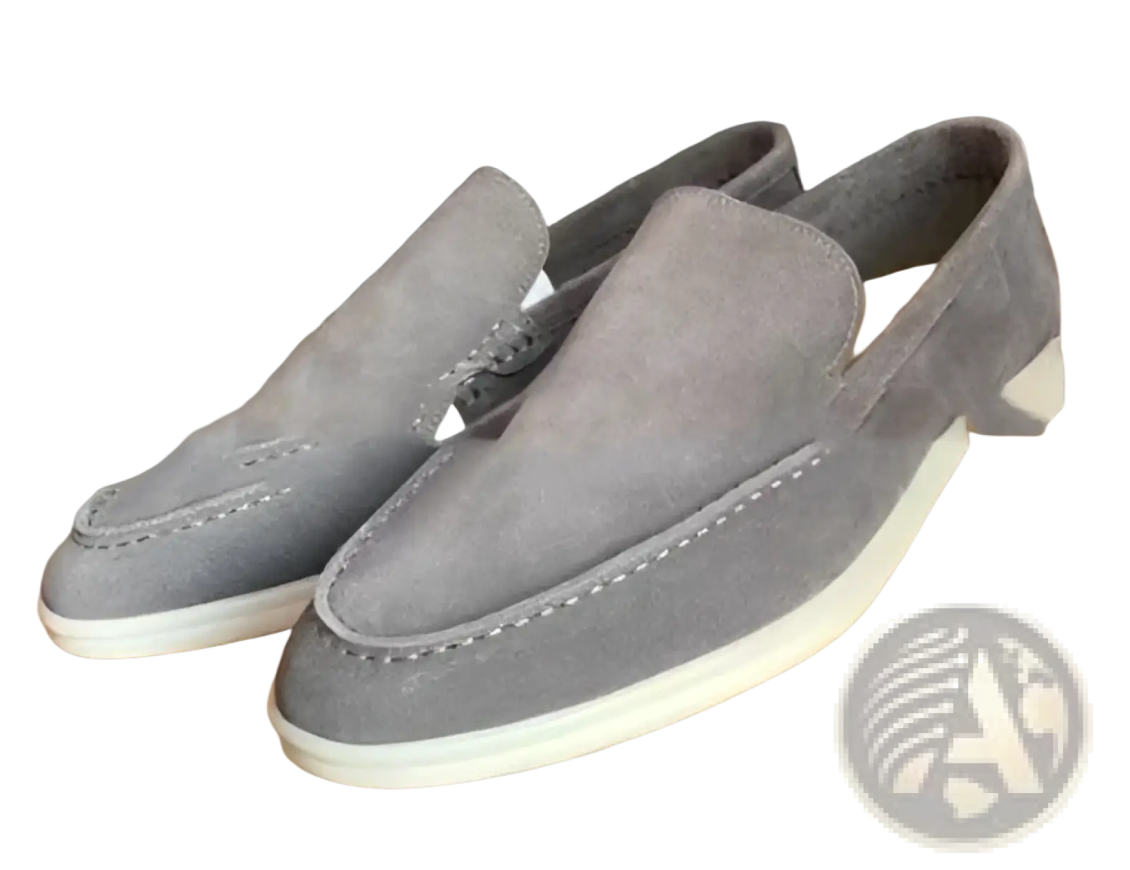 Men’s gray suede loafers with white rubber sole and contrasting stitching casual shoes front view