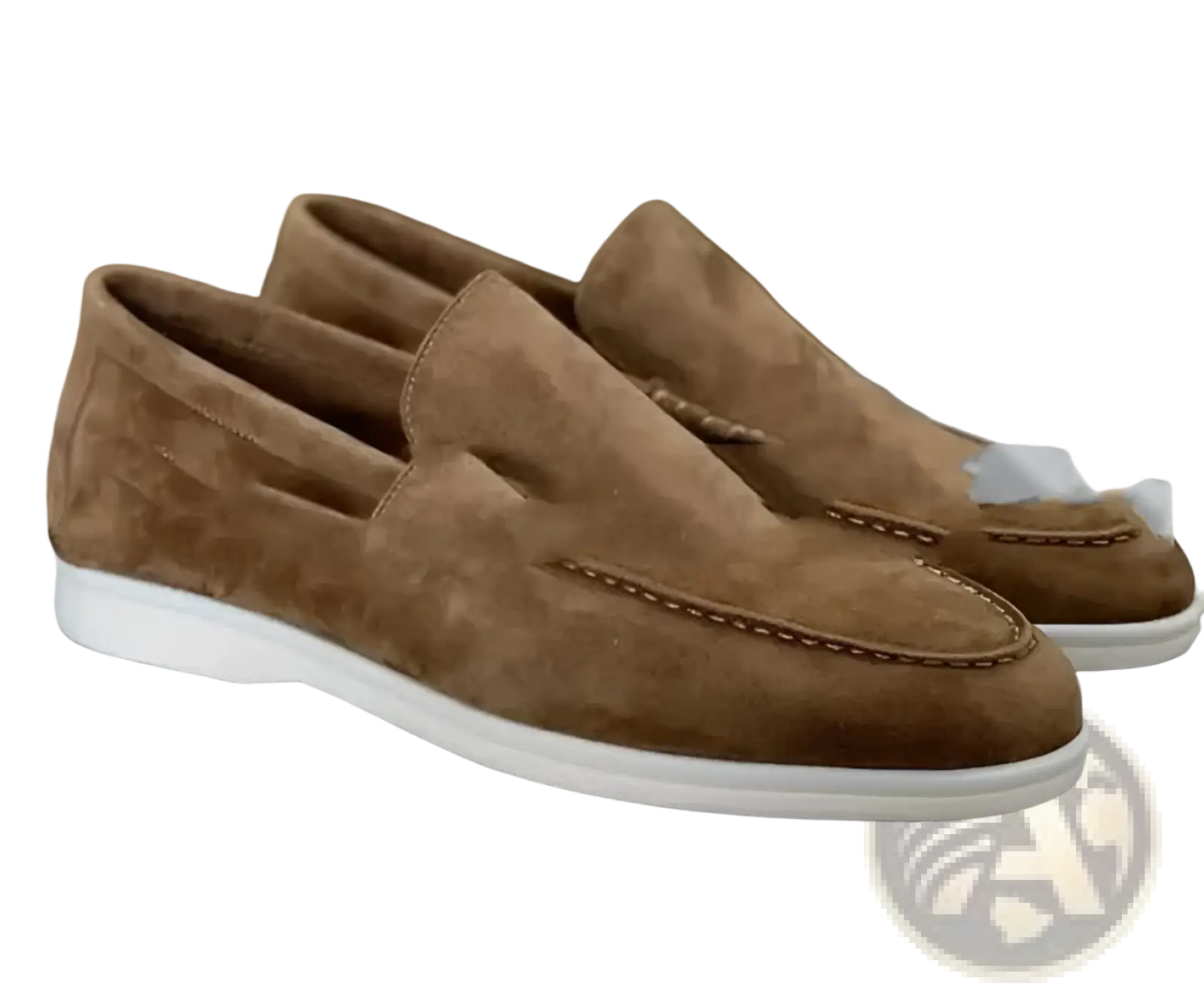 Men’s tan suede loafers with white rubber sole and contrasting stitching for casual wear