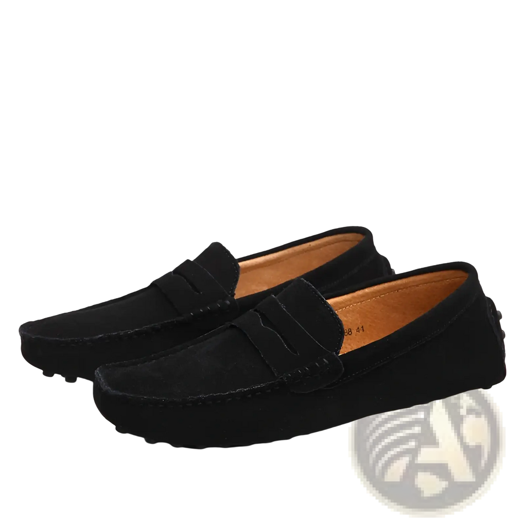 Men’s black suede moccasin loafers with classic moccasin design tan leather lining and rubber sole
