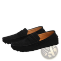 Men’s black suede moccasin loafers with classic moccasin design tan leather lining and rubber sole