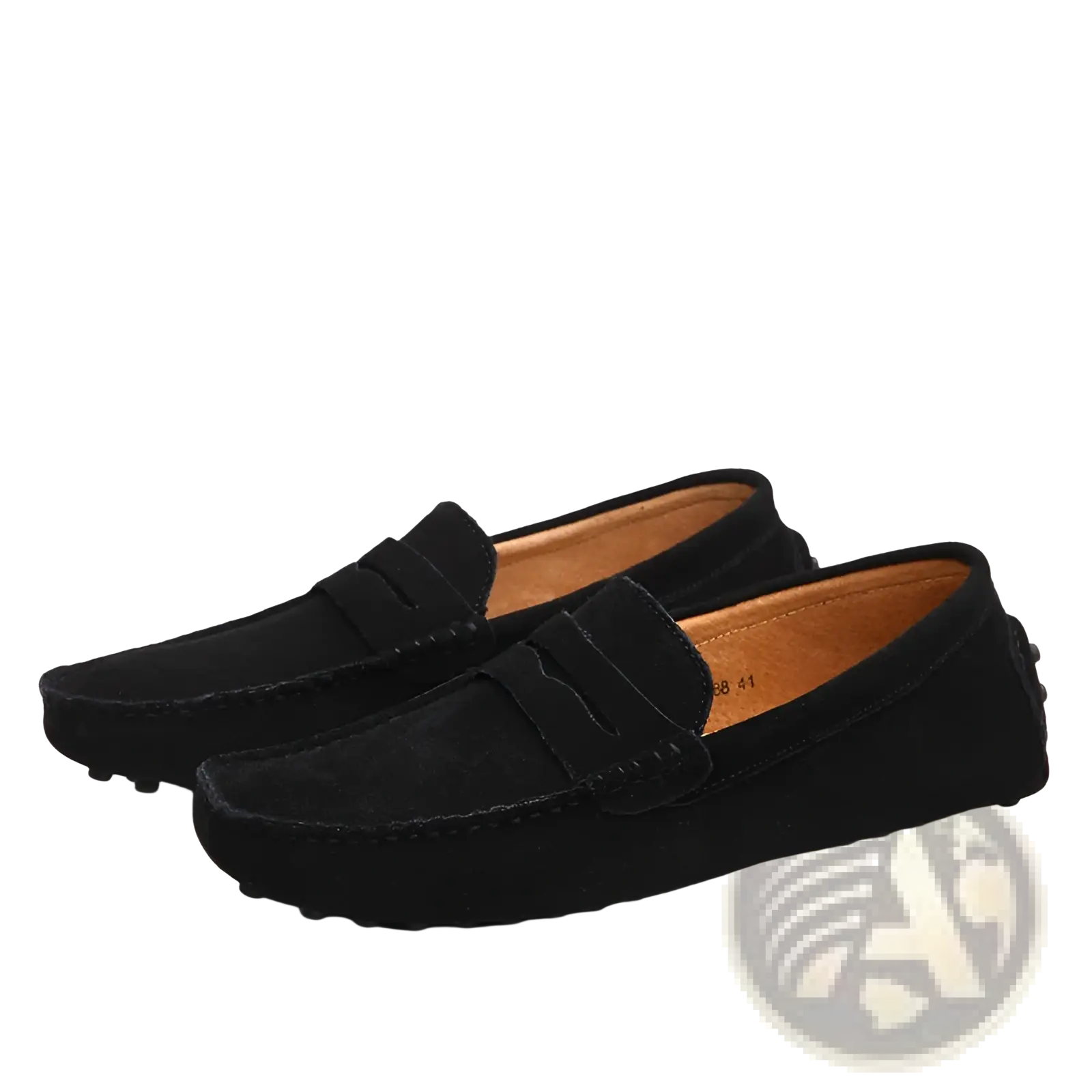 Men’s black suede moccasin loafers with classic moccasin design tan leather lining and rubber sole