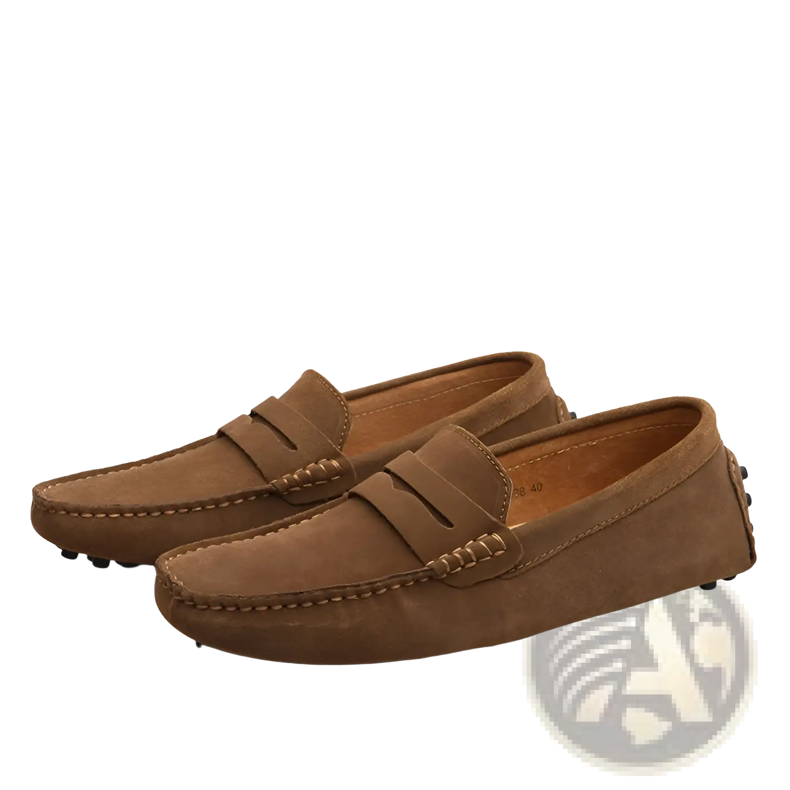 Men’s brown suede moccasin loafers with classic design and contrasting stitching featuring rubber sole