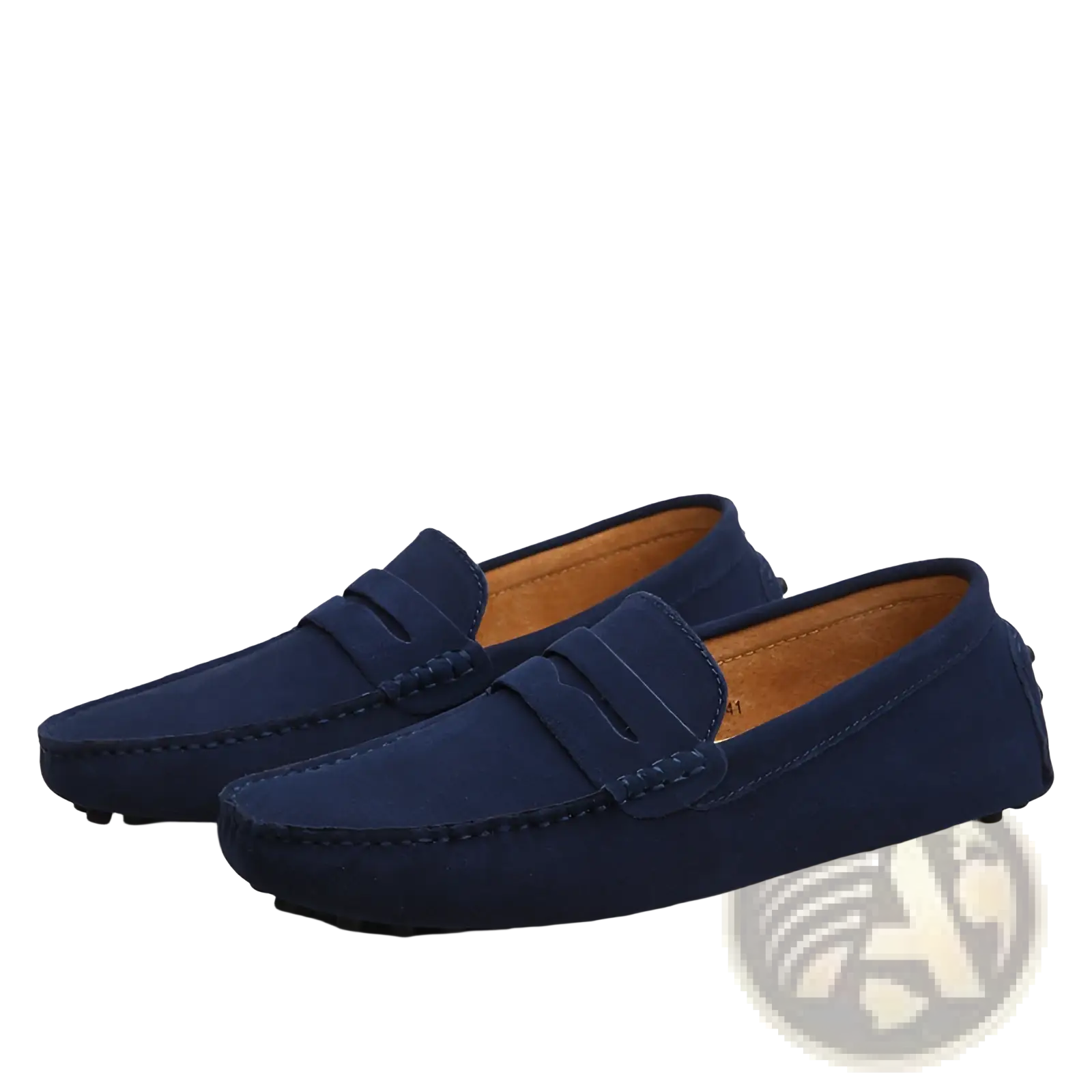 Men’s suede moccasin loafers in navy blue with tan leather interior and stitched detailing featuring a rubber sole