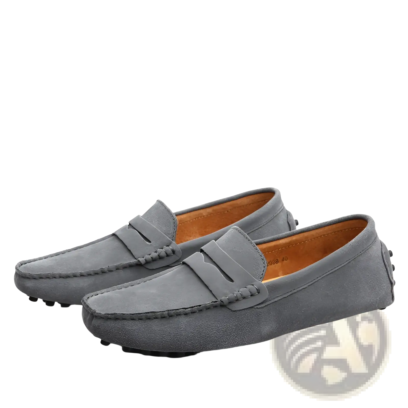Men’s gray suede moccasin loafers with classic design tan leather lining and durable rubber sole