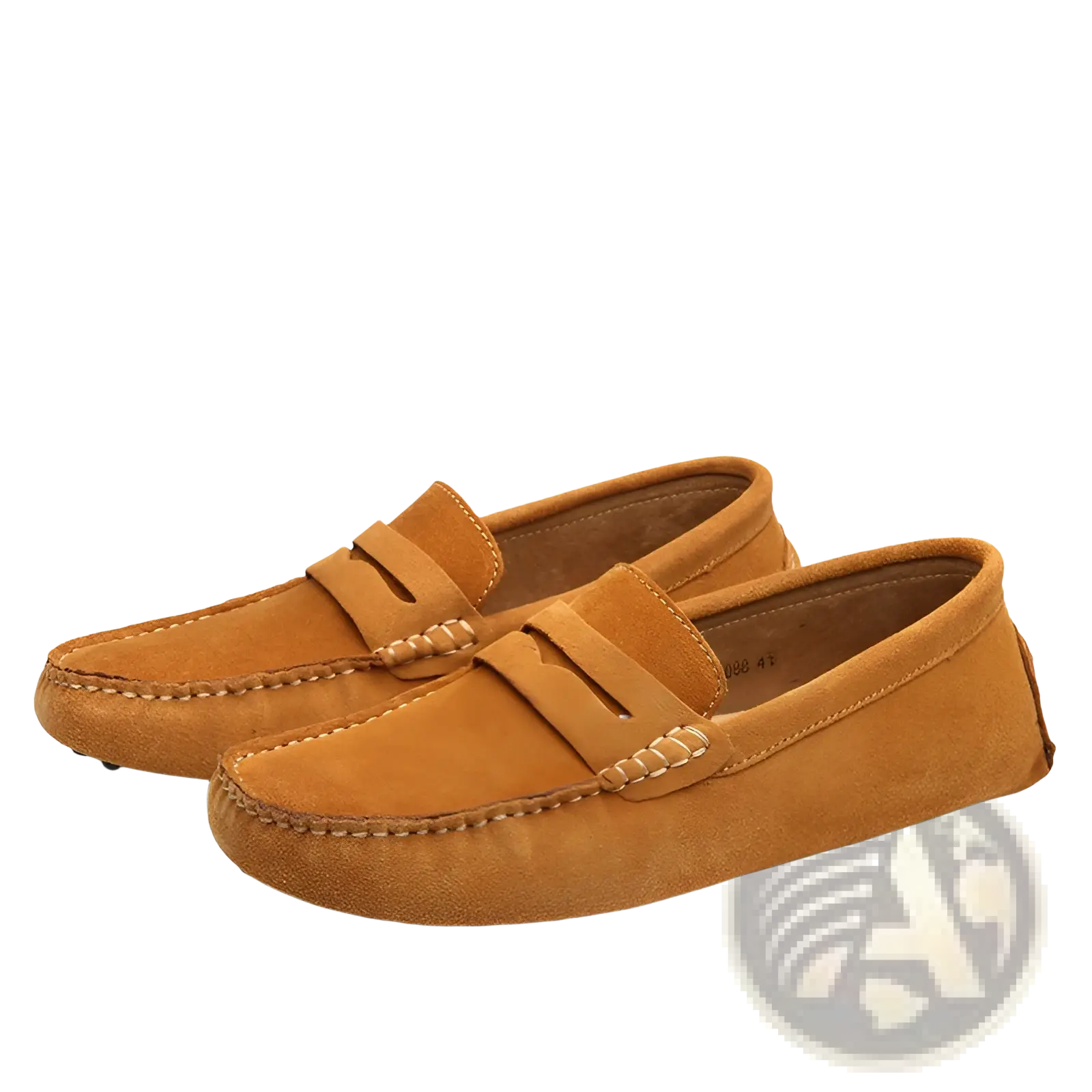 Men’s tan suede moccasin loafers with classic design contrasting stitching and durable rubber sole