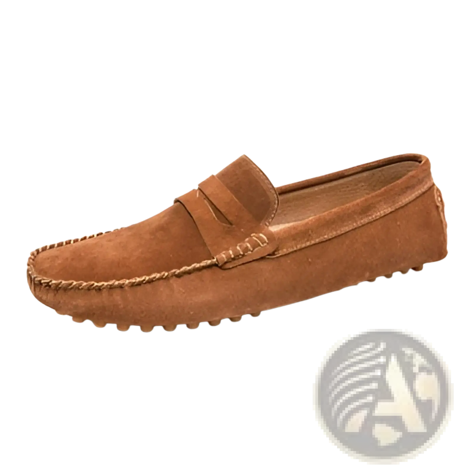 Men’s tan suede moccasin loafers with stitched leather strap across the toe and durable rubber sole