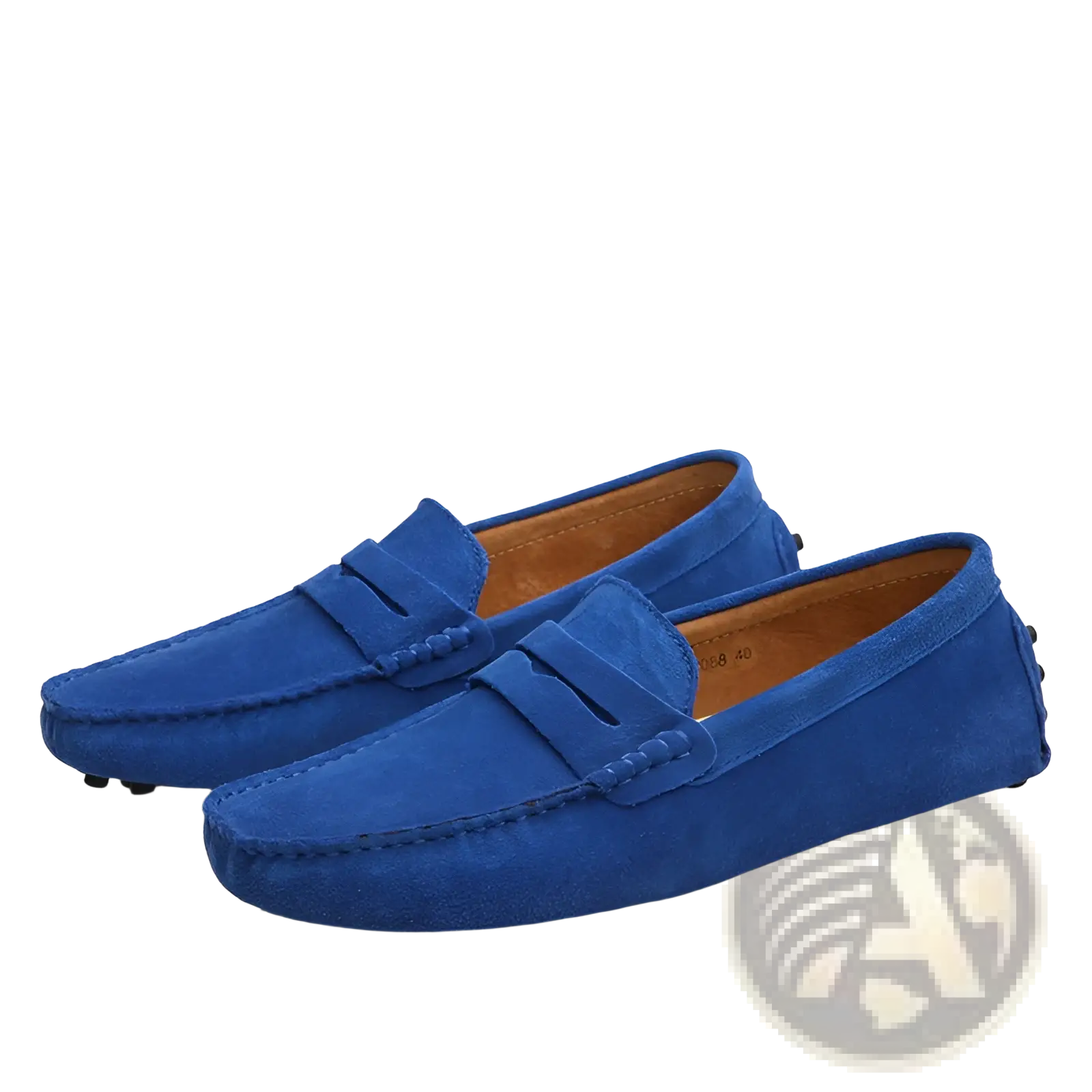 Men’s royal blue suede moccasin loafers with classic design tan leather lining and durable rubber sole