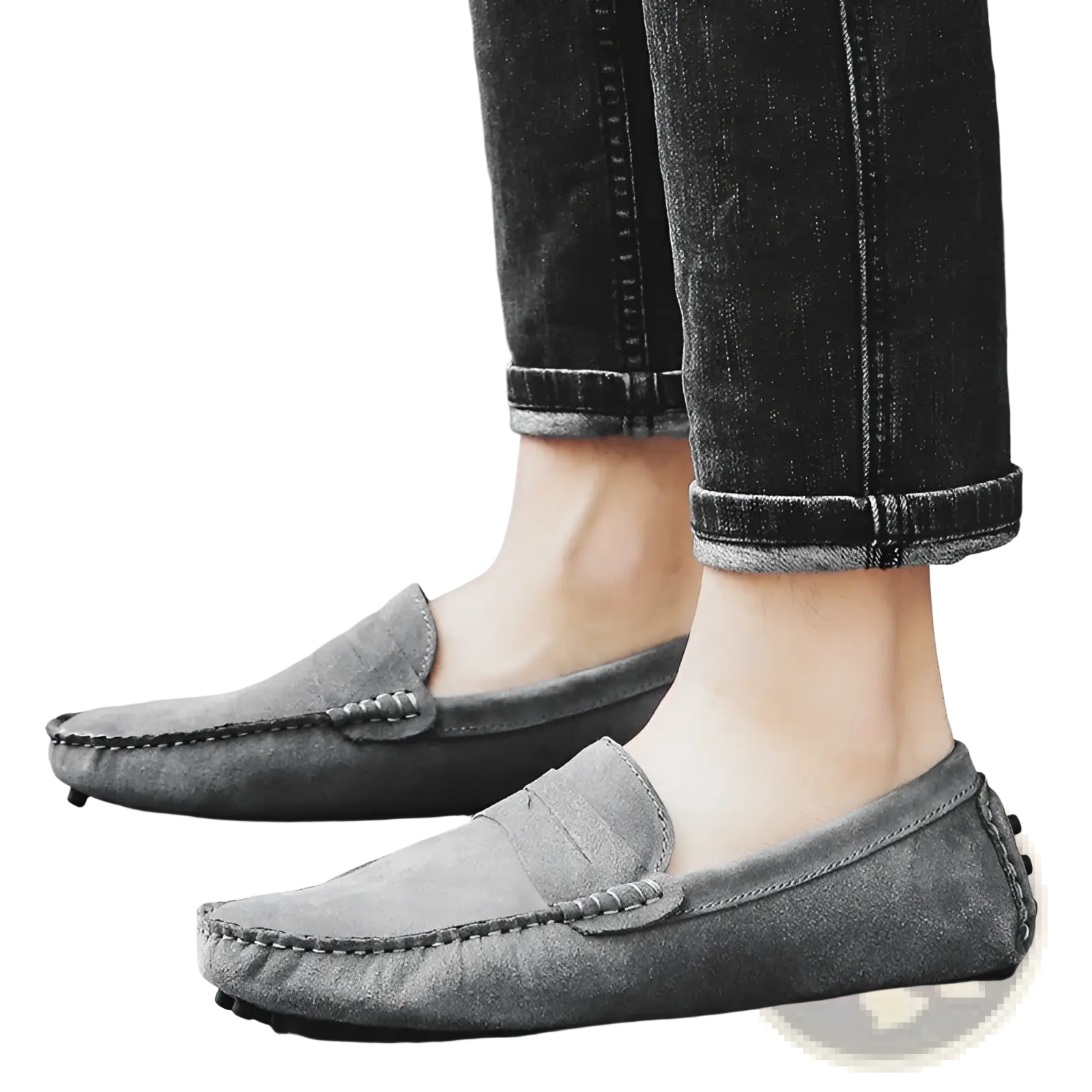 Men’s gray suede moccasin loafers with classic stitched detailing and rubber sole for casual wear