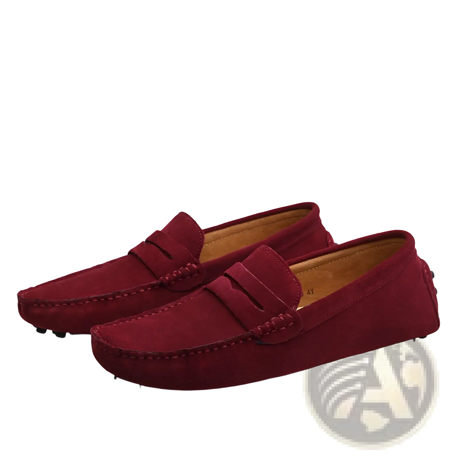 Men’s burgundy suede moccasin loafers with classic design tan leather lining and durable rubber sole
