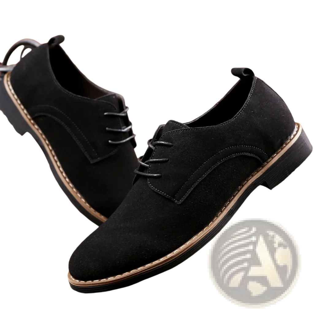 Men’s large size black suede Oxford lace-up dress shoes with tan stitching and low-profile rubber sole