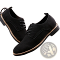 Men’s large size black suede Oxford lace-up dress shoes with tan stitching and low-profile rubber sole