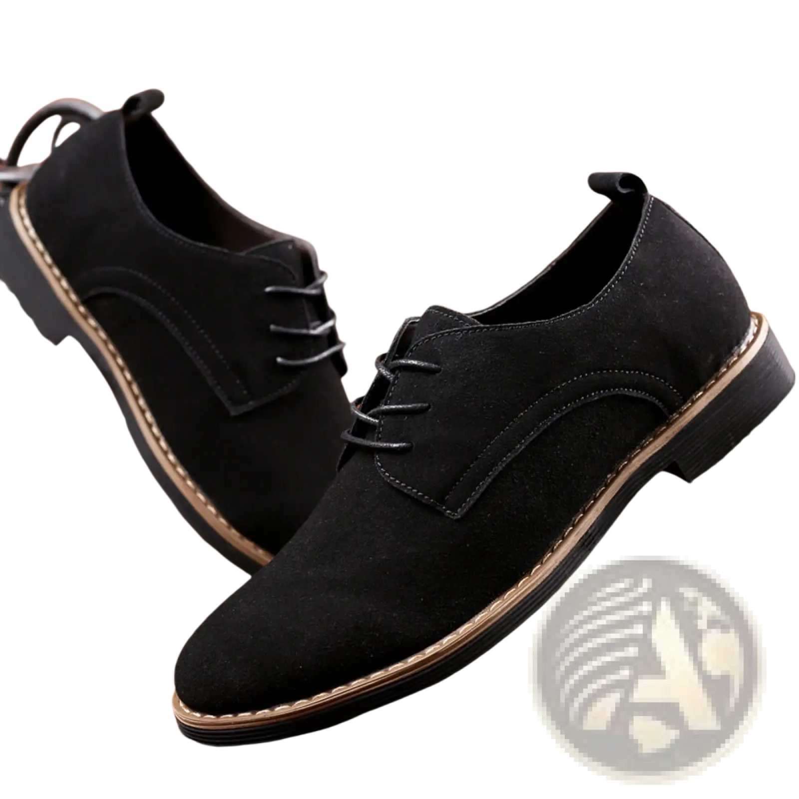 Men’s large size black suede Oxford lace-up dress shoes with tan stitching and low-profile rubber sole
