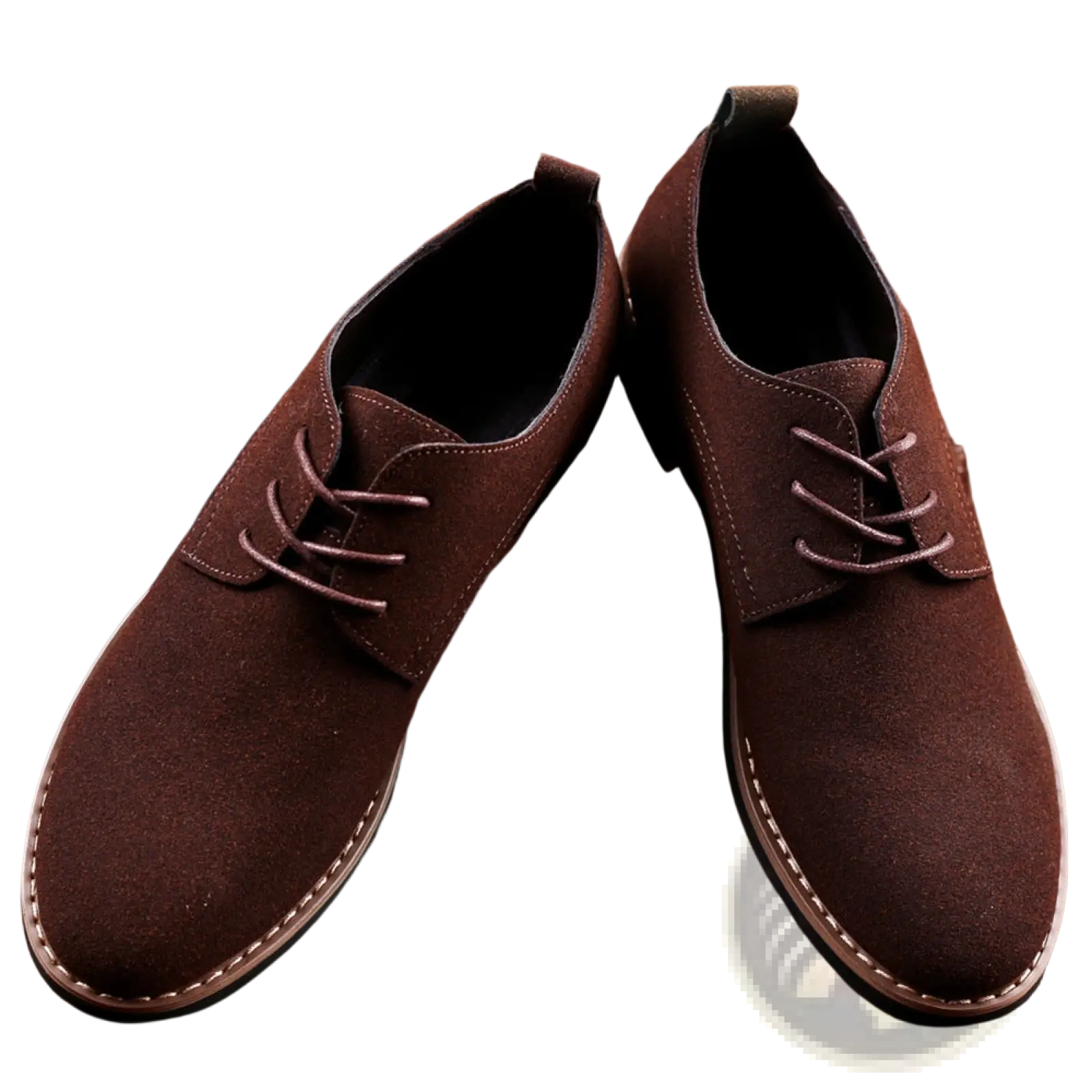 Men’s large size brown suede oxford lace up dress shoes with white stitching and dark brown laces