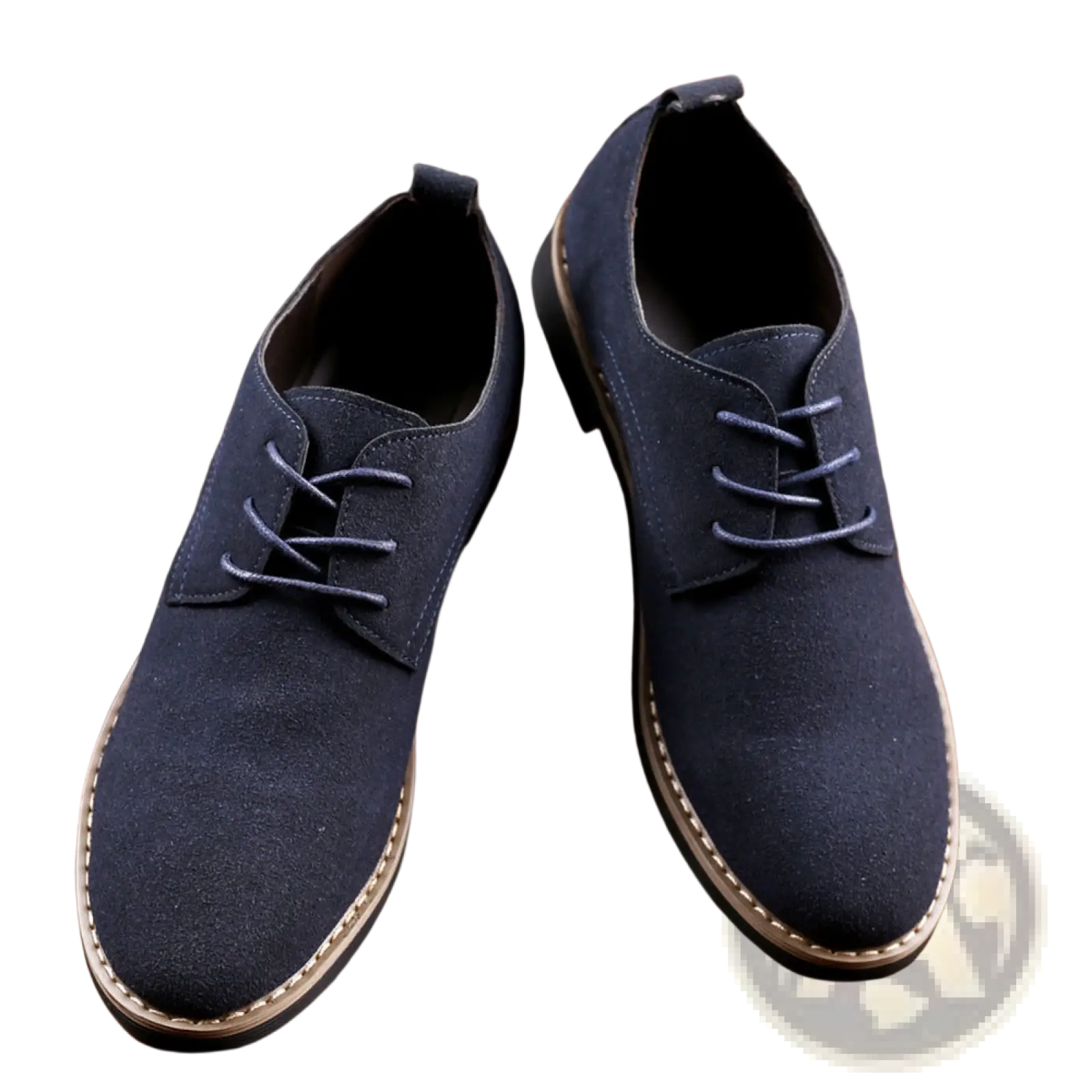 Men’s large size navy blue suede oxford lace up dress shoes with white stitching and light brown soles
