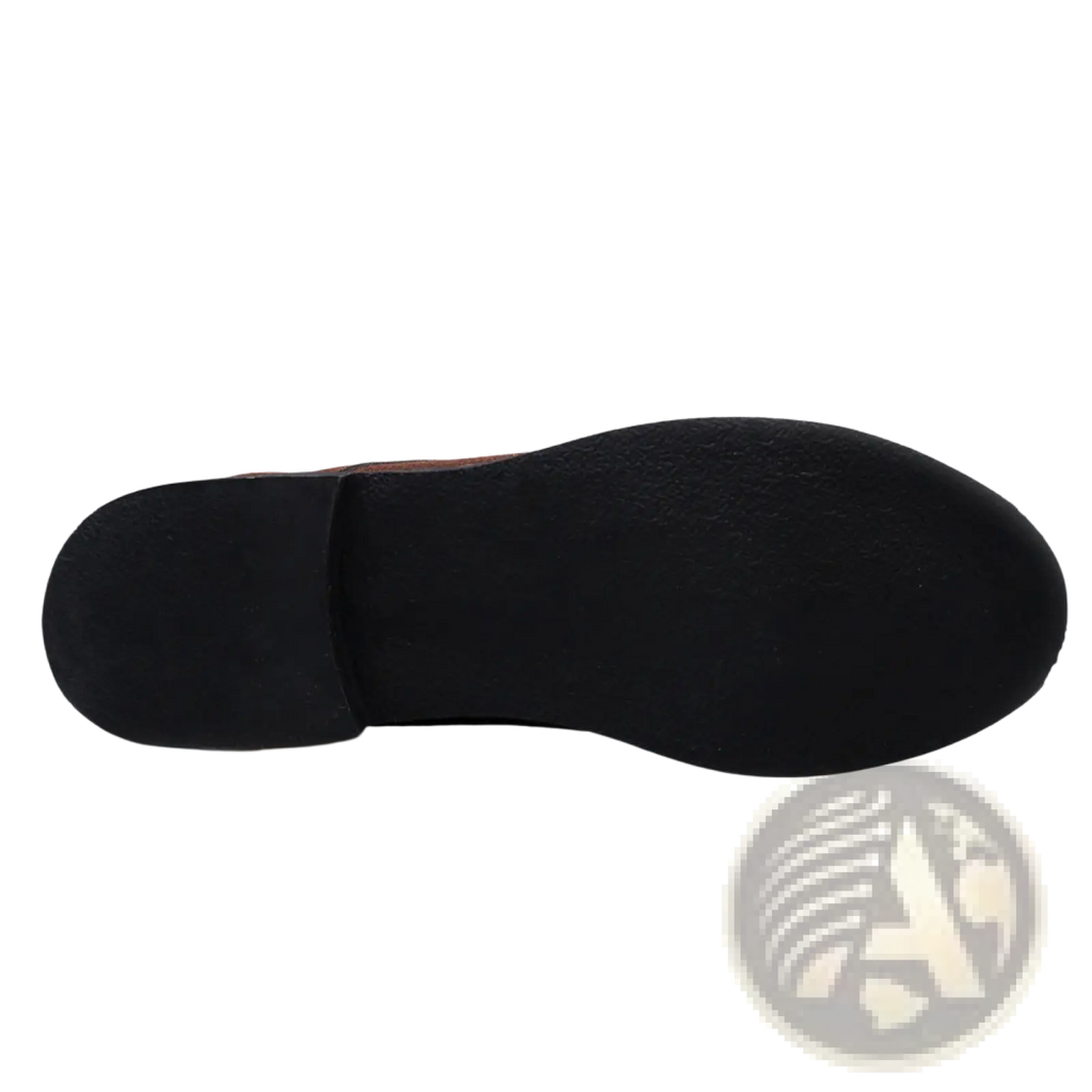 Black rubber sole with textured surface and slight heel shown on back side of men’s suede oxford lace up dress shoes large size