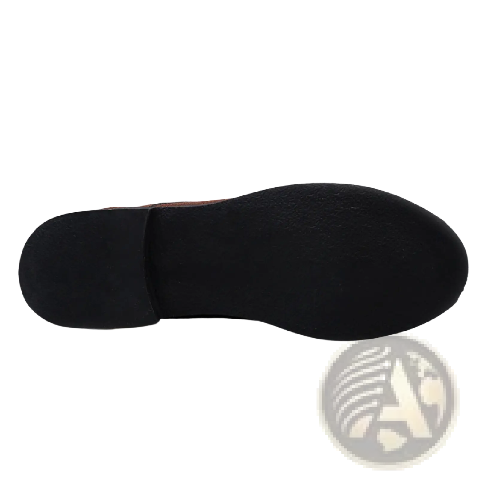 Black rubber sole with textured surface and slight heel shown on back side of men’s suede oxford lace up dress shoes large size