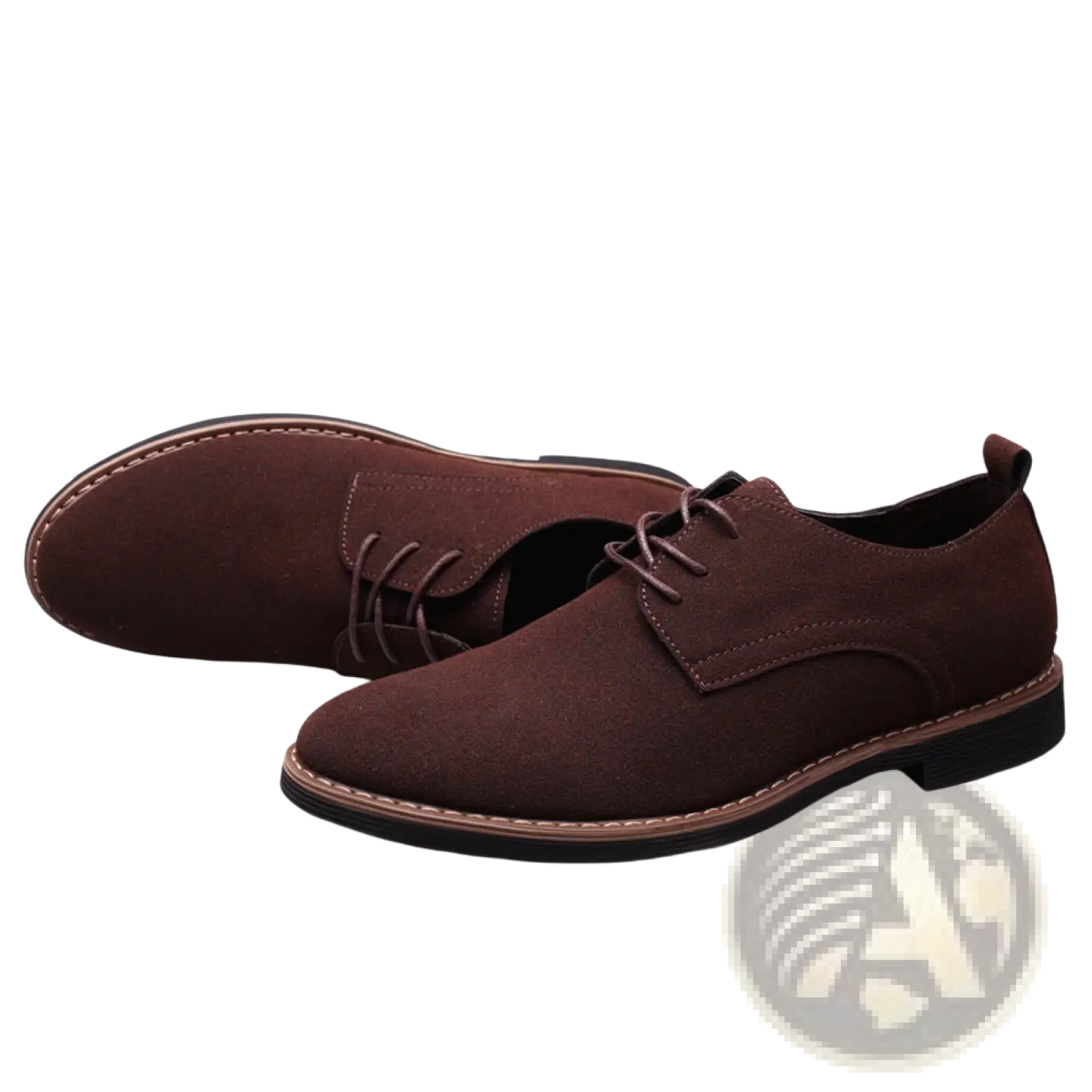 Men’s large size brown suede oxford lace up dress shoes with low heel and matching laces front view
