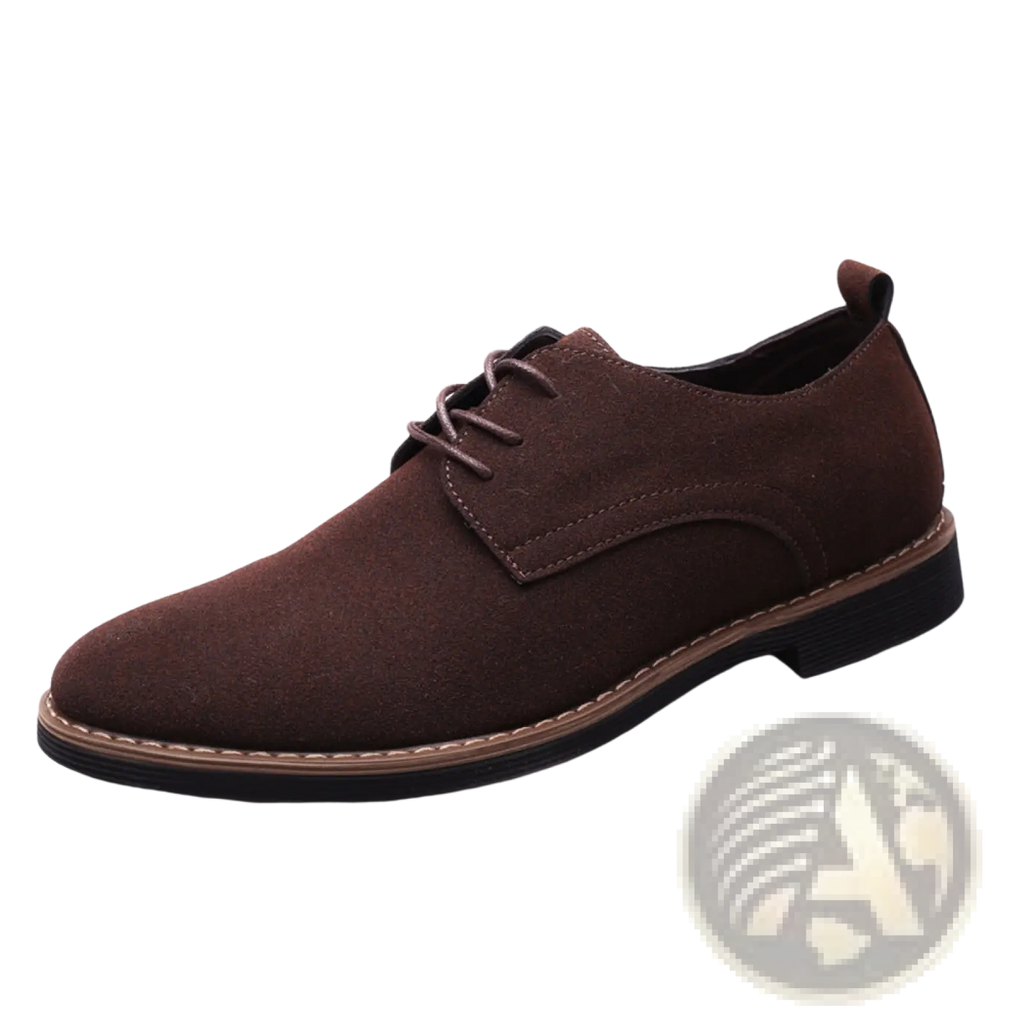 Men’s suede oxford lace up dress shoe in brown with black rubber sole and tan stitching large size