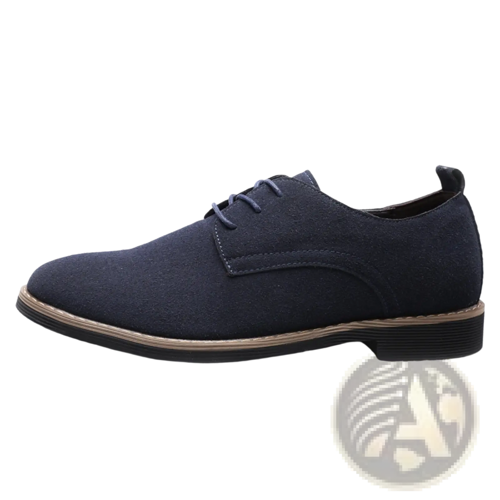Men’s navy blue suede oxford lace up dress shoe with black rubber sole and tan stitching large size