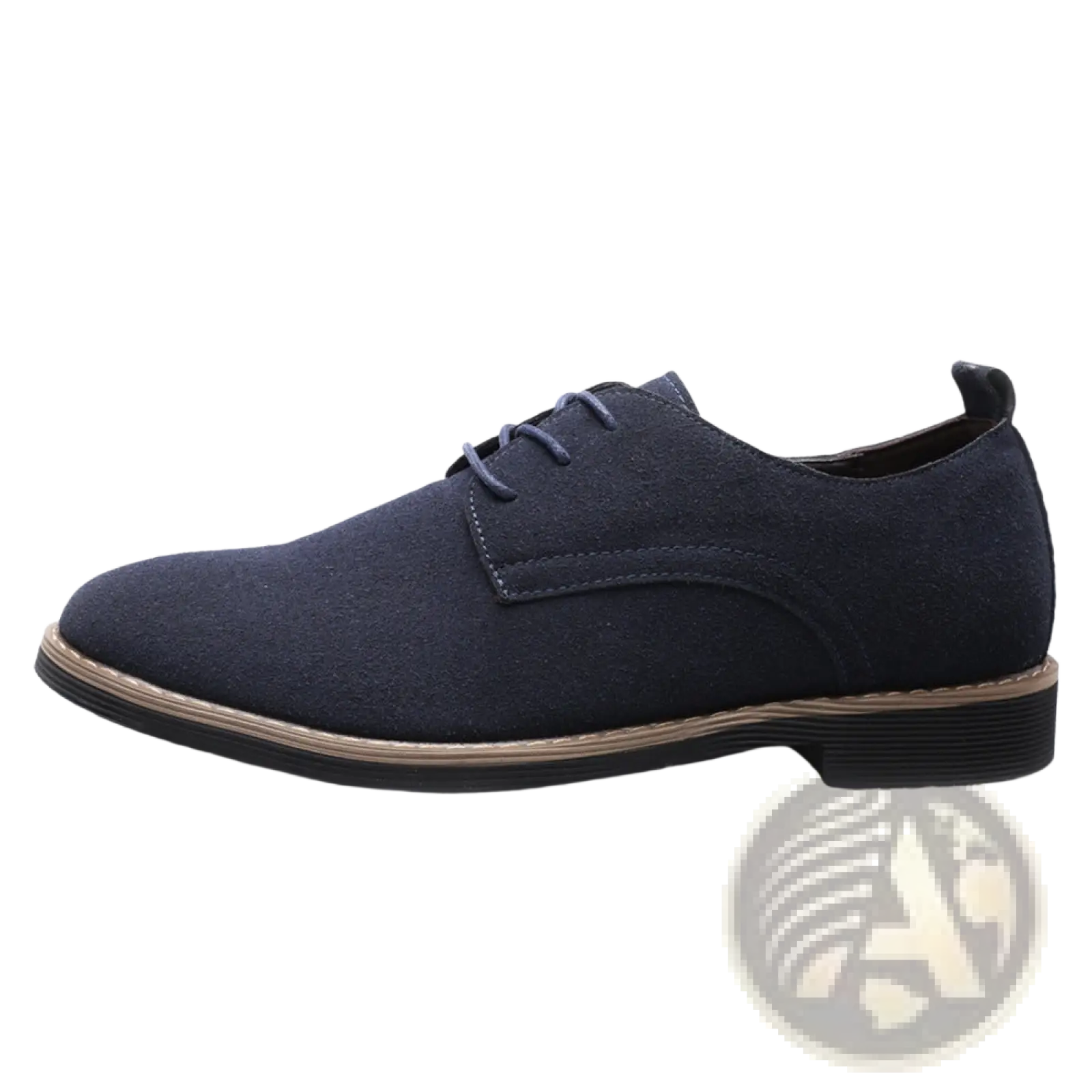 Men’s navy blue suede oxford lace up dress shoe with black rubber sole and tan stitching large size