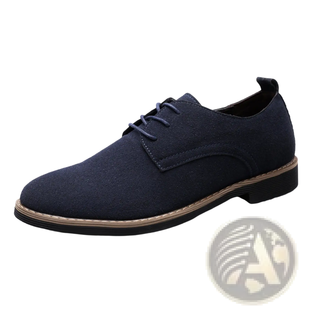 Navy blue suede men’s oxford lace-up dress shoe with tan welt and black rubber sole in large size