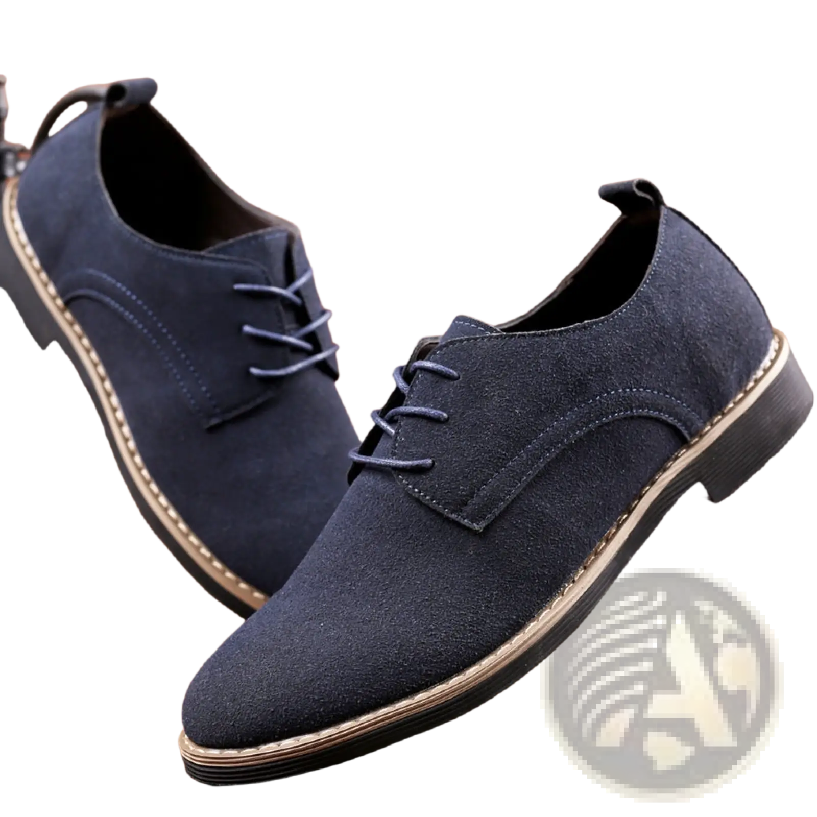 Men’s navy blue suede oxford lace up dress shoes with tan stitching and black rubber soles large size