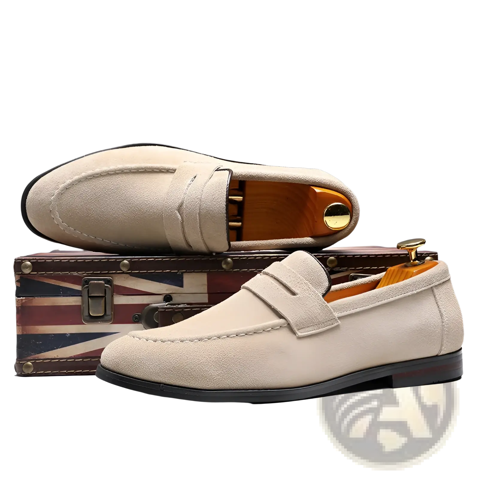 Men’s beige suede penny loafers with classic slip-on design and black rubber soles for casual wear