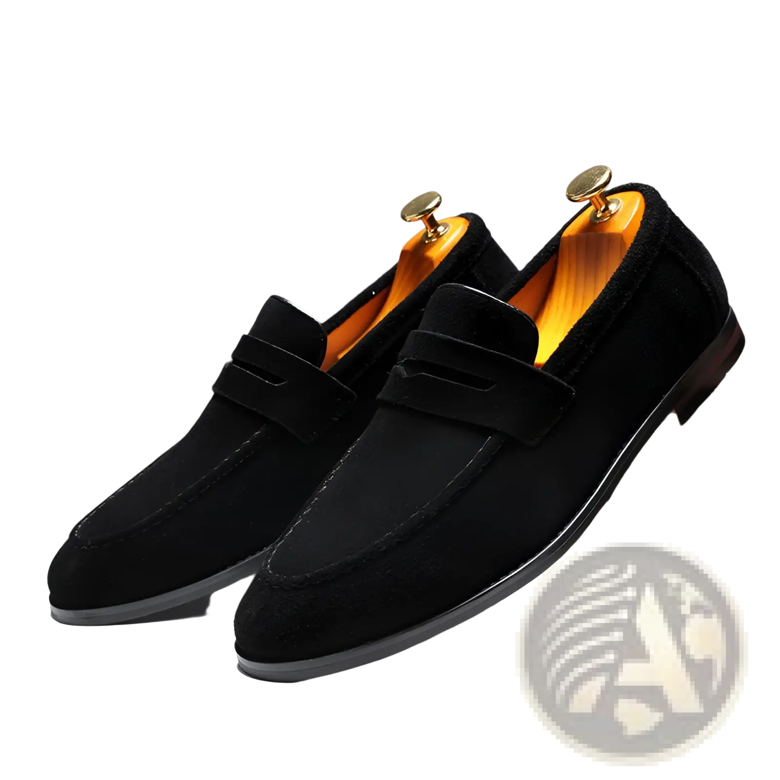 Men’s suede penny loafers in black with a classic slip-on design and contrasting orange interior lining