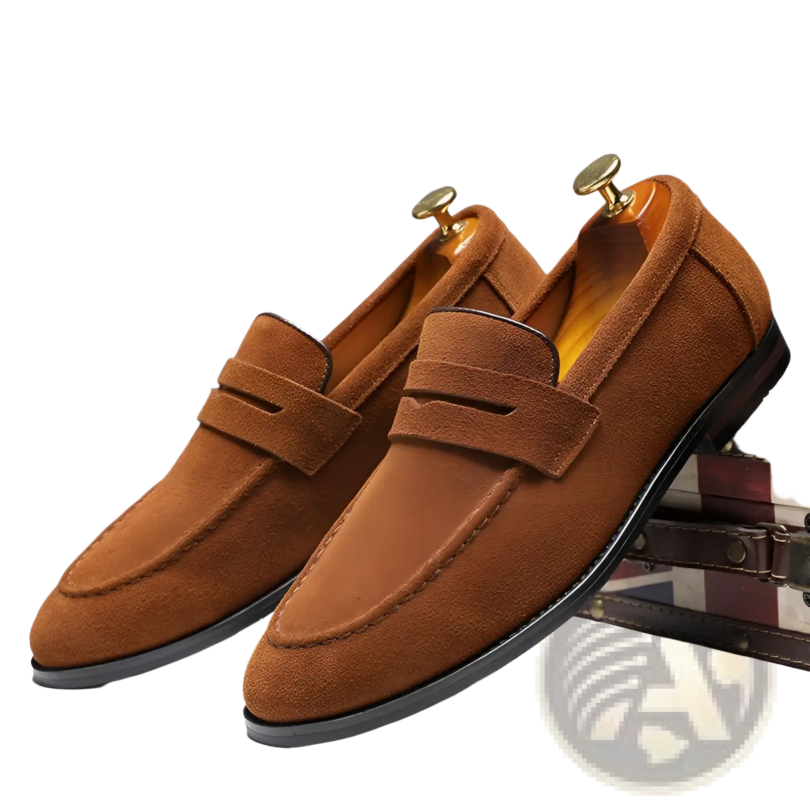 Brown suede men’s penny loafers with classic slip-on design and black stitching for casual wear
