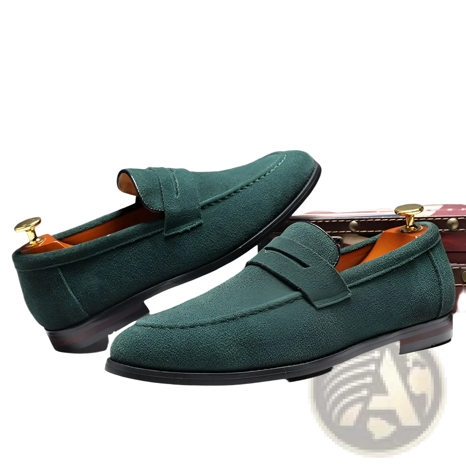 Dark green suede men’s penny loafers with classic design and contrasting orange lining for casual slip on wear
