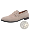 Men’s beige suede penny loafers with black rubber sole and stitched detailing trendy slip on shoes